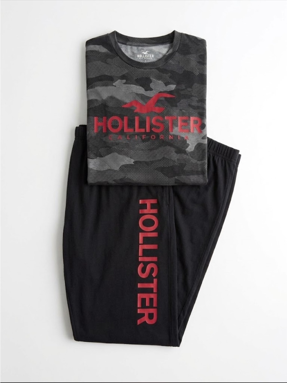 Hollister Black & Gray Camo Pajama Set with Red Logo